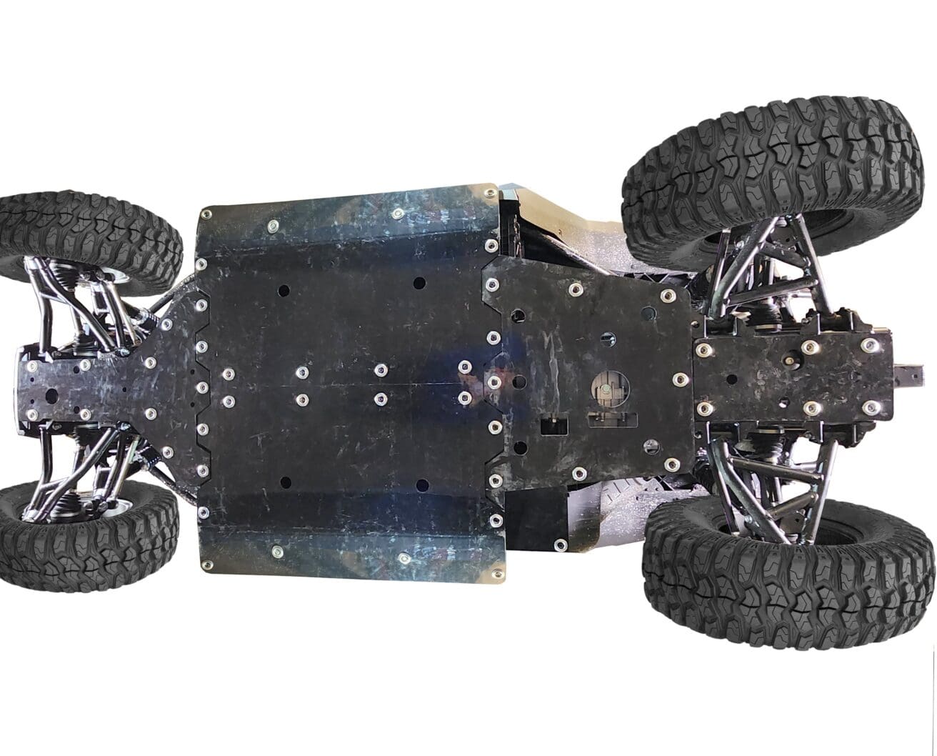A top view of the front tire and suspension.