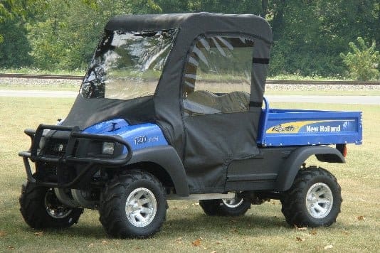 A blue utility vehicle with a black cover.
