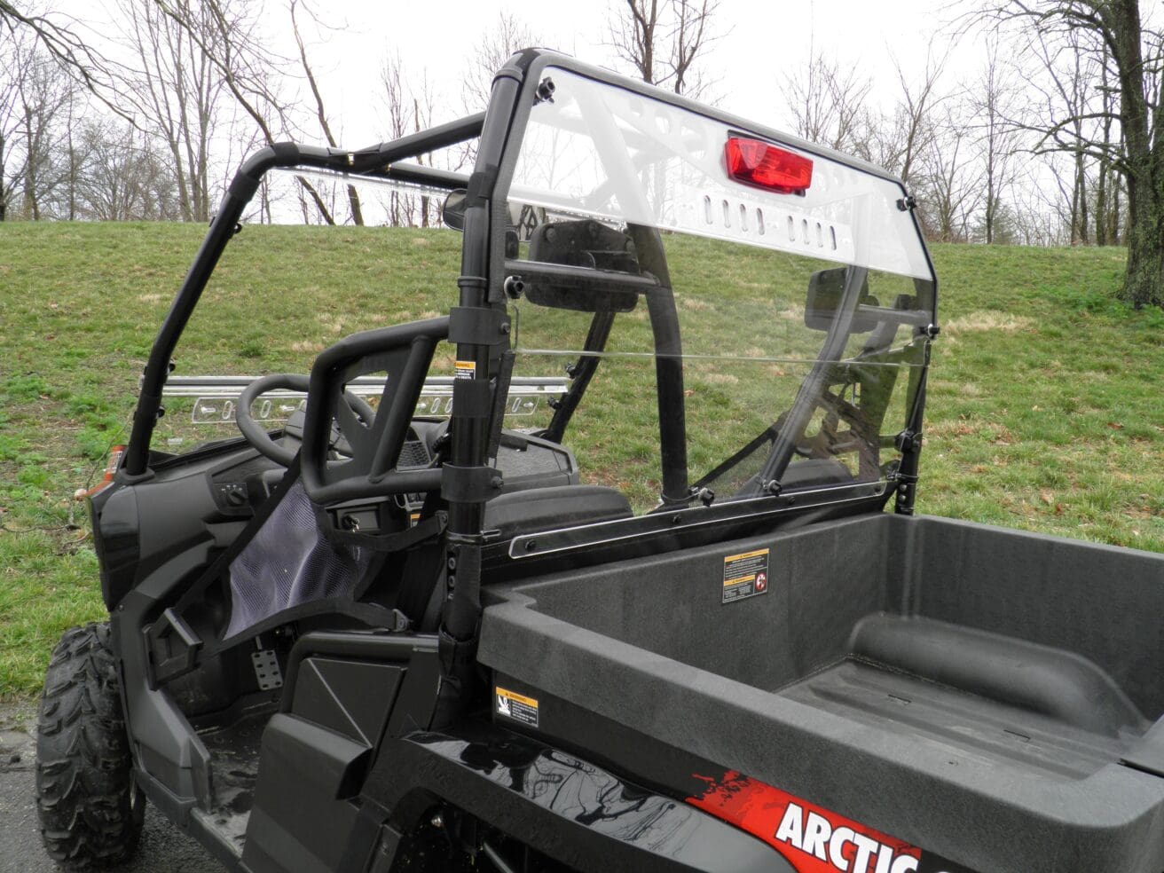 Side view of an all-terrain vehicle.
