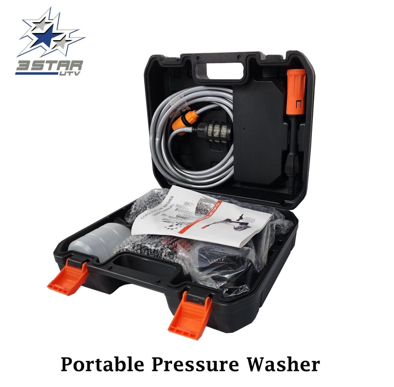 Portable pressure washer in black carrying case.