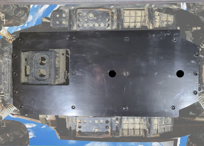 Black metal plate on industrial machinery background.