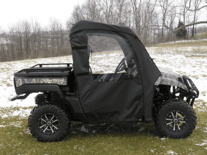 John Deere utility vehicle with cab cover.