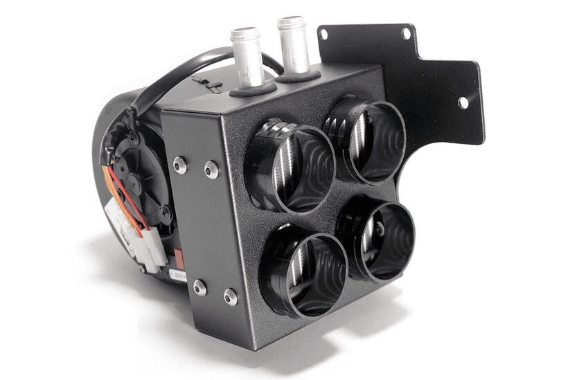 Black mechanical device with cylindrical components and bracket.