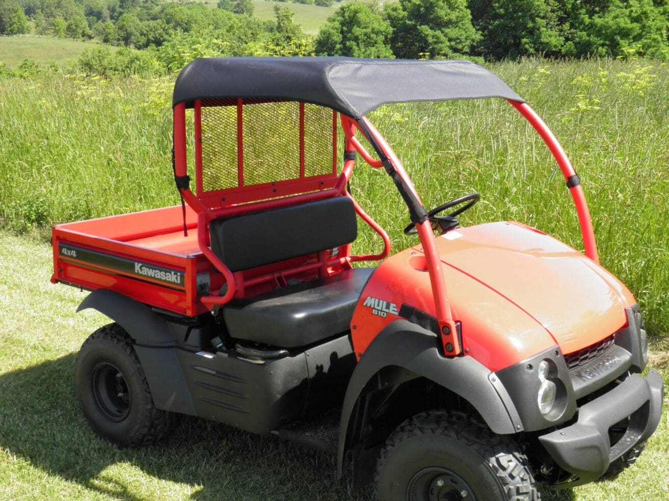 Red utility vehicle in a grassy field.