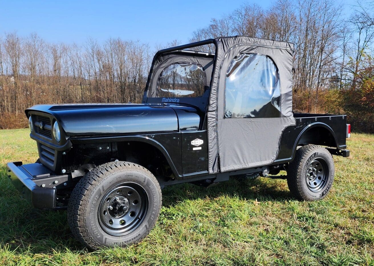 Black Mahindra Roxor utility vehicle.