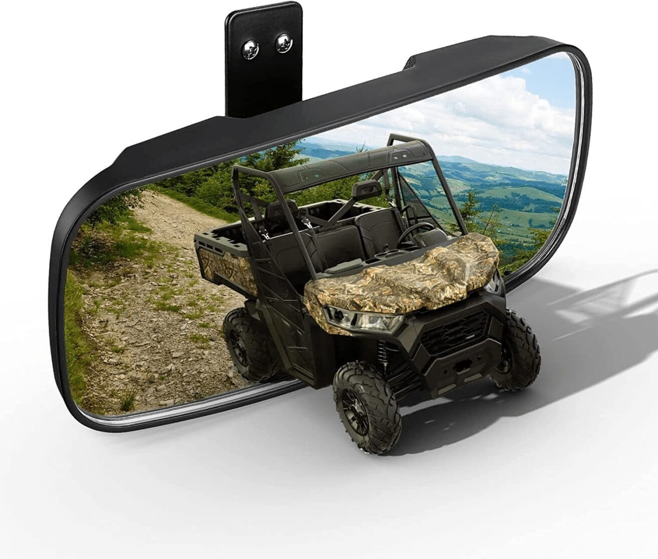 Black side view mirror for off-road vehicle.
