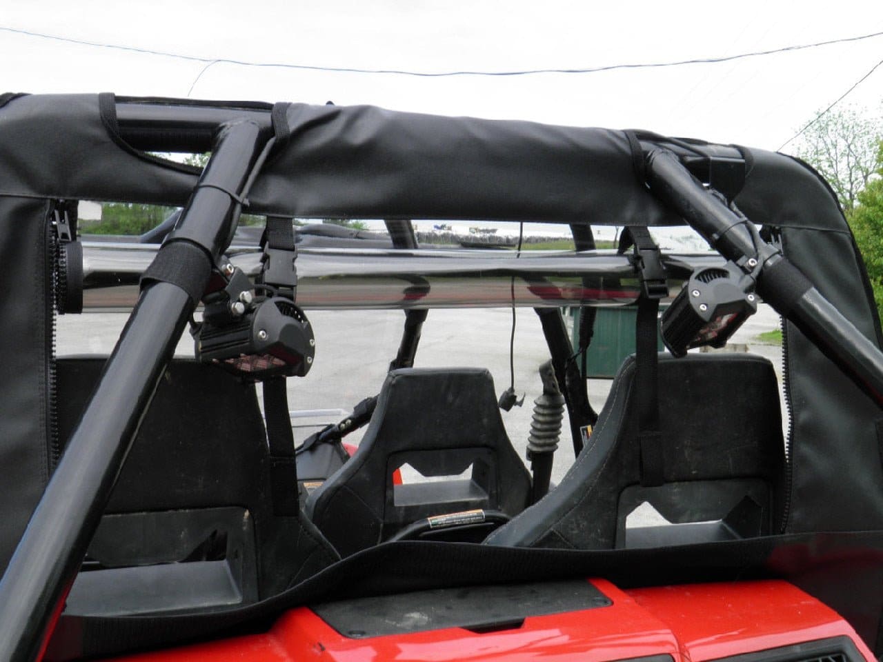 ATV roll cage with mounted lights.