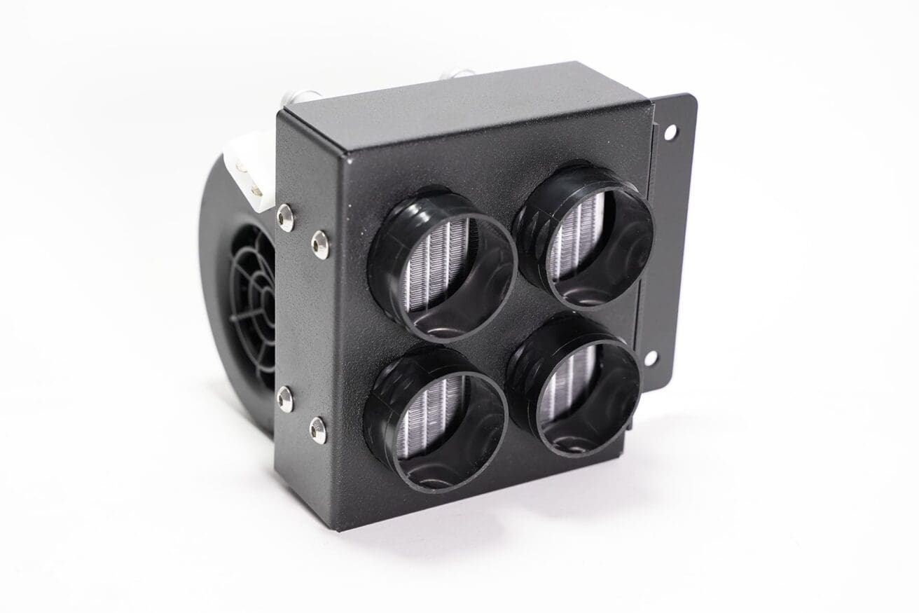 Black four-outlet vehicle heater unit.