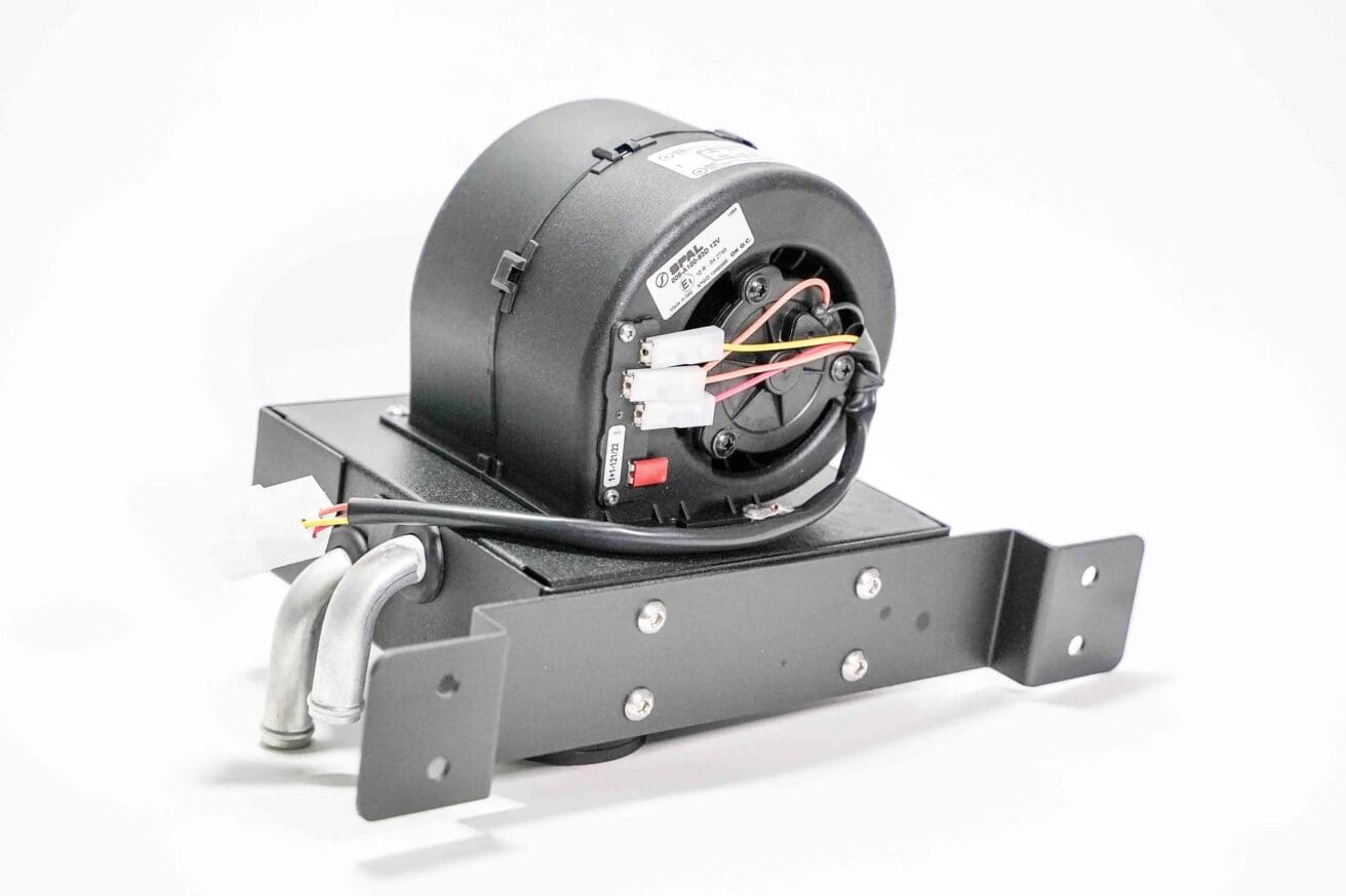 Black electric fan heater with bracket.