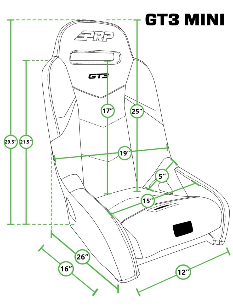PRP GT3 Mini racing seat dimension diagram