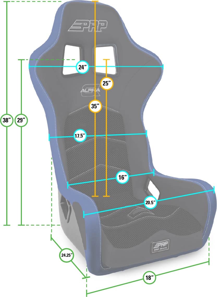 Bucket racing seat with measurement annotations
