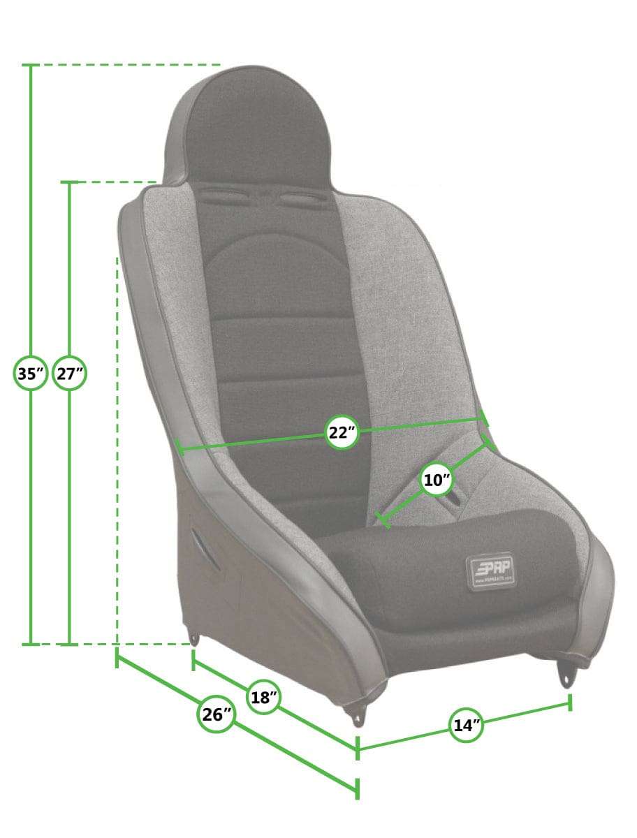 Grey racing car seat with dimensions