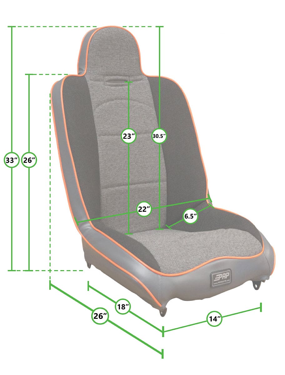 Gray car seat with dimension markings