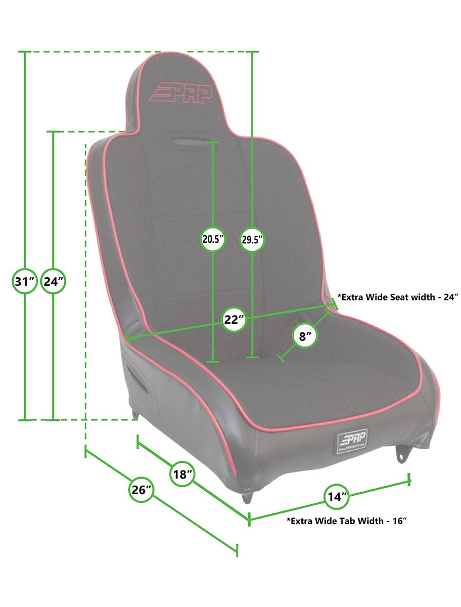 Gray racing seat with measurement overlays