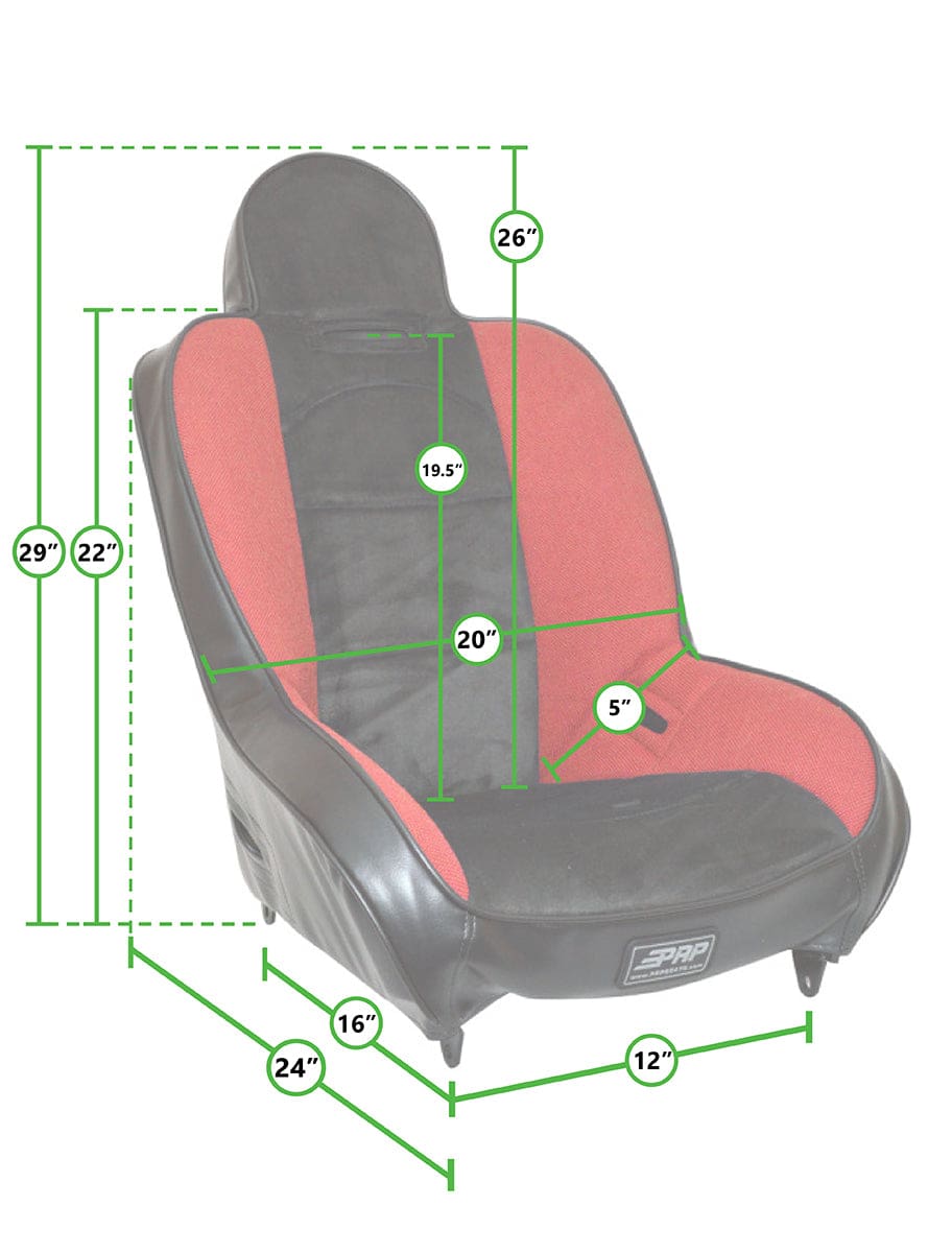 Red and black racing seat with dimensions