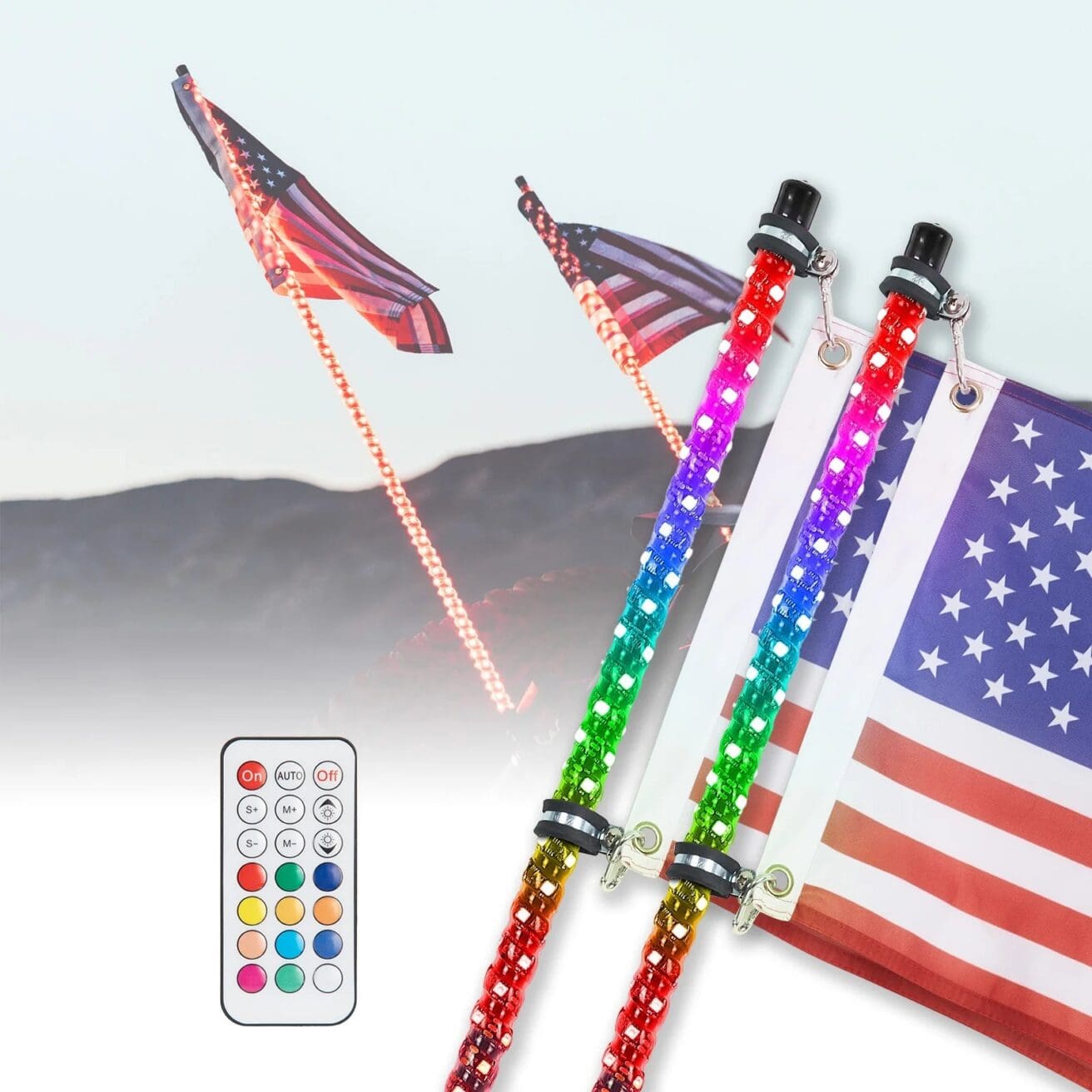 Kemimoto - 3 ft 2-piece LED Spiral Whip Lights w/USA Flags with RF Remote Control