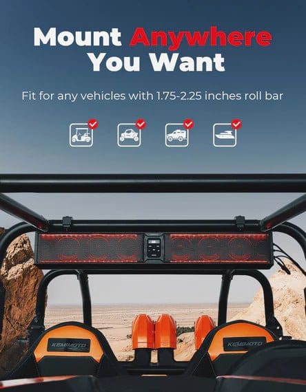 Kemimoto - 33-inch 8-Speaker RGB UTV Bluetooth Sound Bar for UTVs with 1.75" to 2.25" Roll Bars - Image 6