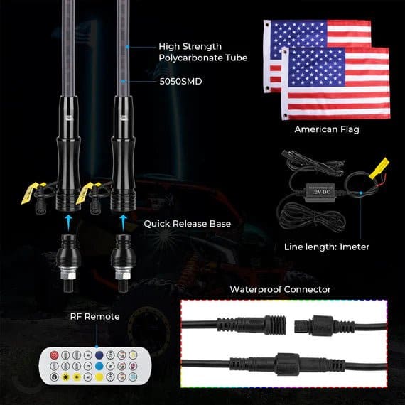 Kemimoto - 3 ft 2-piece Black Limited LED Whip Lights w/USA Flags with RF Remote Control - Image 7