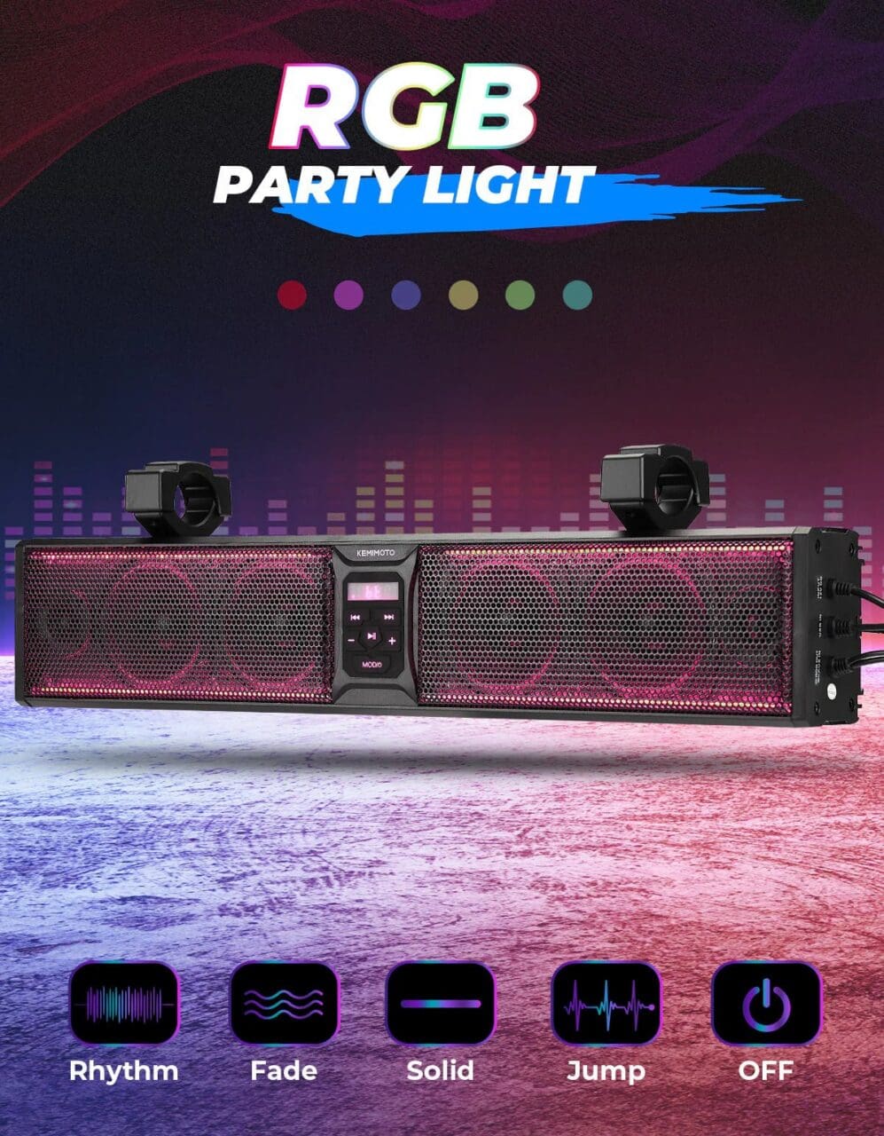 Kemimoto - 6 Speaker 26" RGB Universal Sound Bar for UTVs with 1.75" to 2.25" Roll Bars - Image 3