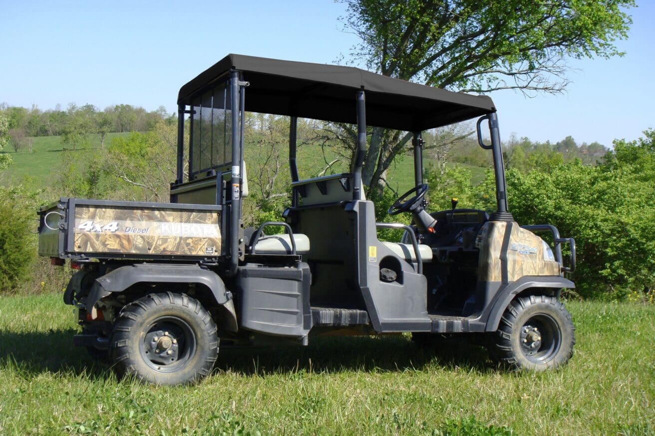 Camouflage utility UTV parked on grassy field