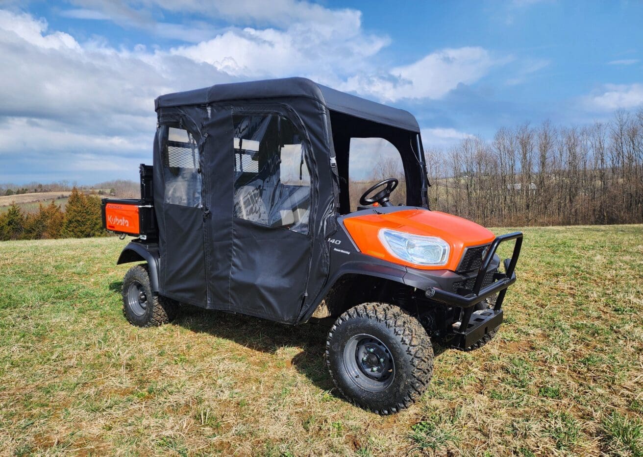 Utility vehicle with protective black enclosure.