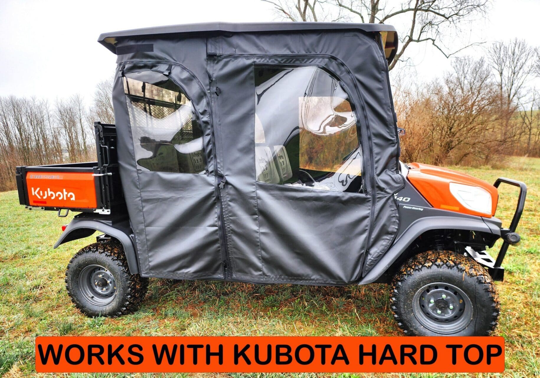 Utility vehicle enclosure compatible with Kubota hardtop.