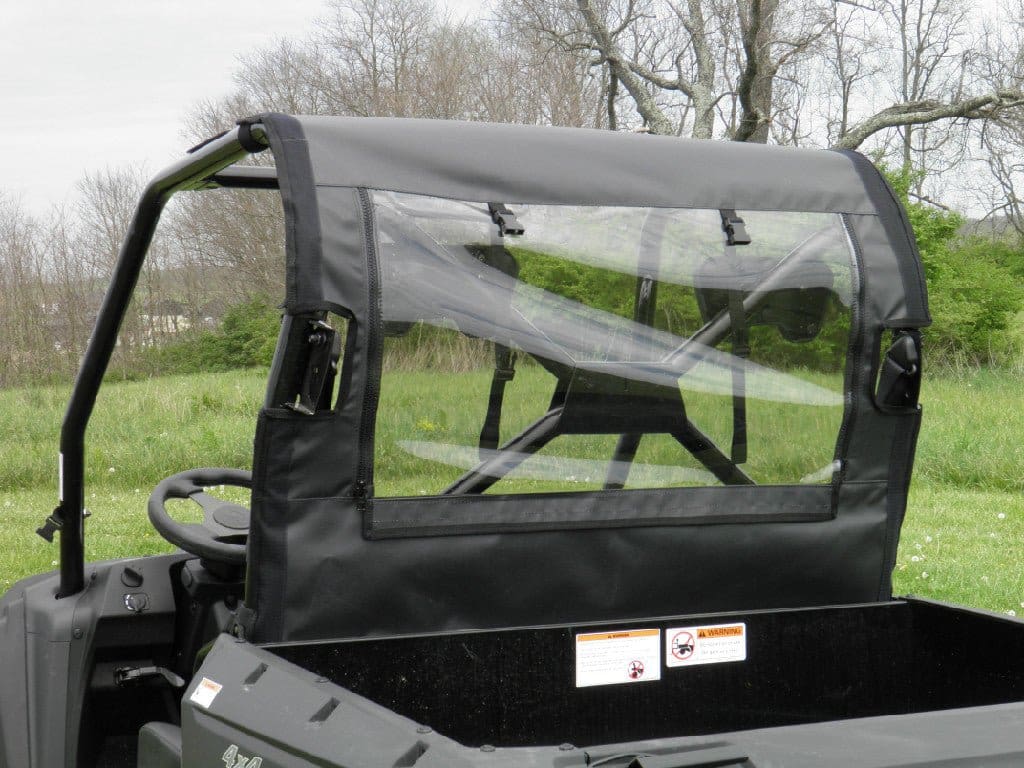 Utility vehicle rear enclosure with clear window