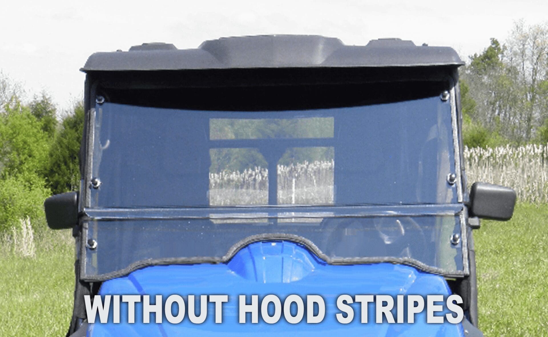 Front of blue off-road UTV without hood stripes