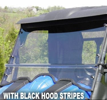 Blue off-road UTV with black hood stripes