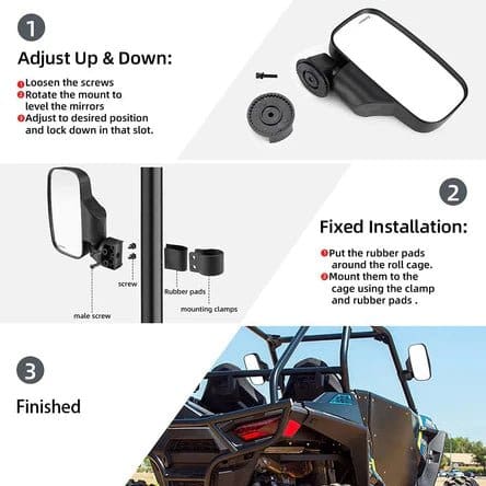Side Mirrors and Rear Mirror with 1.75" to 2" Roll Bar Cage - Image 4